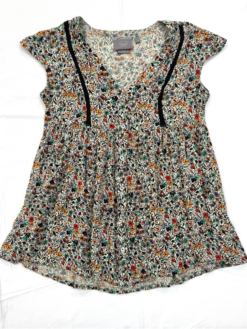 Anthropologie Vanessa Virginia Floral Babydoll Blouse XSP Pockets Button Front